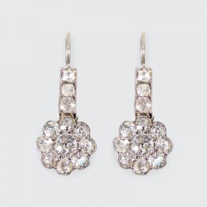 Antique Edwardian 2.62ct Diamond Daisy Cluster Drop Earrings