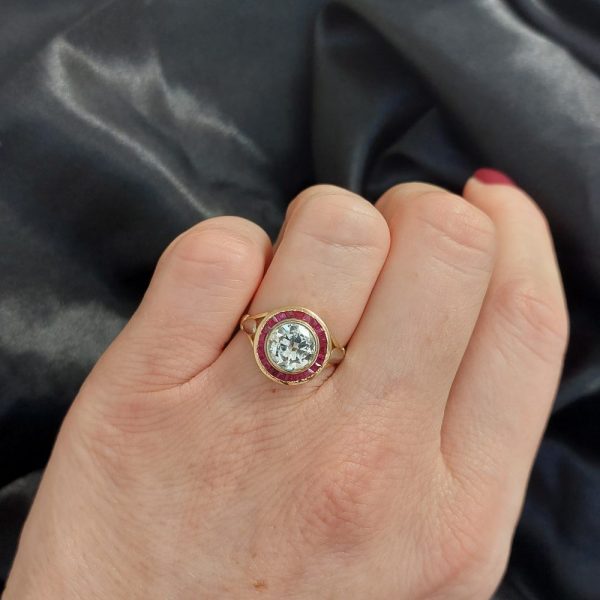 Art Deco Antique 1.55ct Diamond and Ruby Target Ring 
