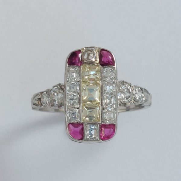 Art Deco Antique Diamond Ruby and Yellow Diamond Tablet Ring