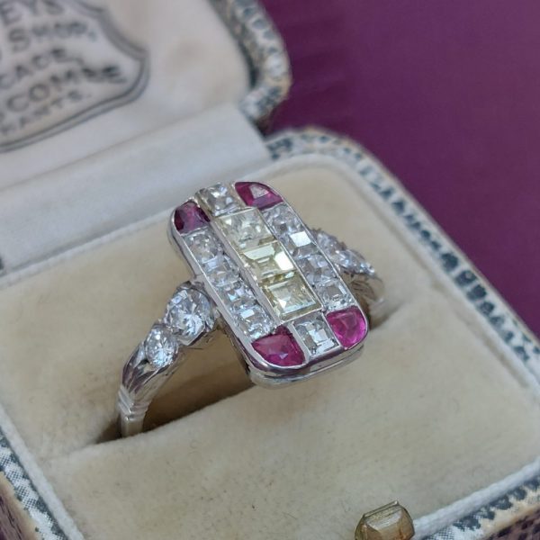 Art Deco Antique Diamond Ruby and Yellow Diamond Tablet Ring