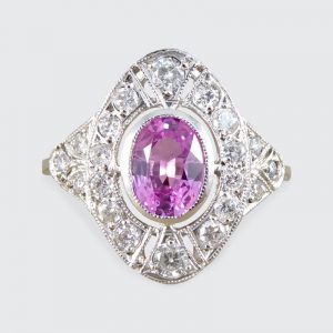 Art Deco Style Pink Sapphire and Diamond Navette Plaque Ring