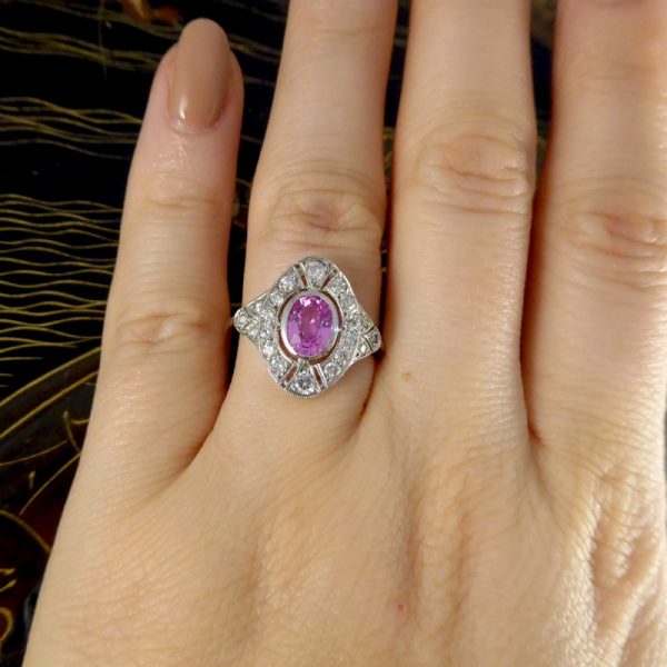 Art Deco Style Pink Sapphire and Diamond Navette Plaque Ring