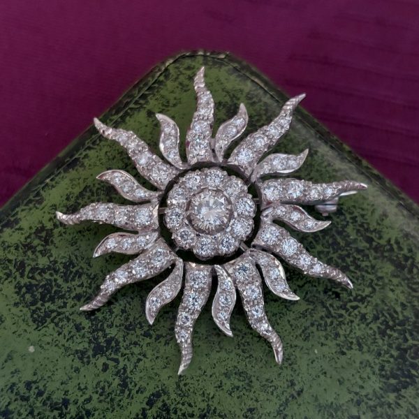 Edwardian Antique 3ct Diamond Sunburst Brooch