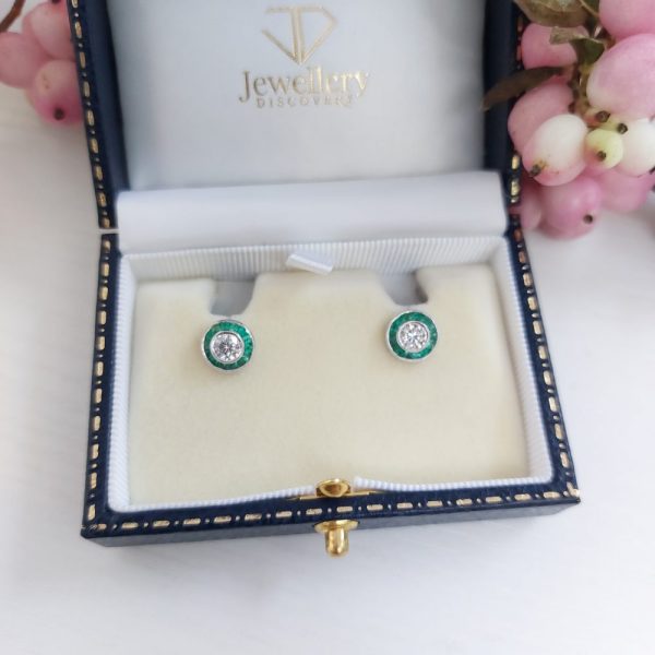 Emerald and Diamond Target Cluster Earrings