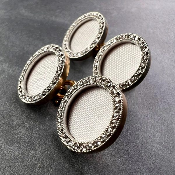 French White Enamel and Diamond Set Cufflinks in Platinum and 18ct Yellow Gold