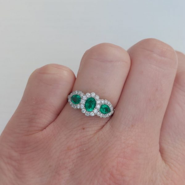 Triple 0.98ct Emerald and Diamond Cluster Ring