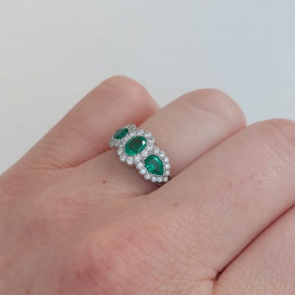 Triple 0.98ct Emerald and Diamond Cluster Ring