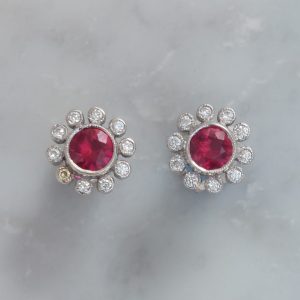 0.85ct Ruby and Diamond Millegrain Set Cluster Stud Earrings