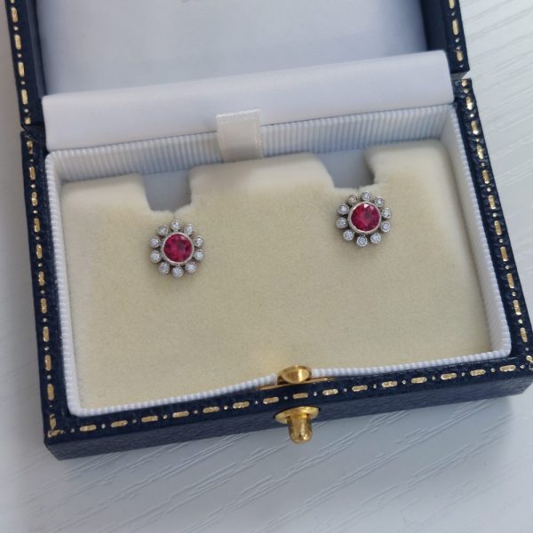 0.85ct Ruby and Diamond Millegrain Set Cluster Stud Earrings
