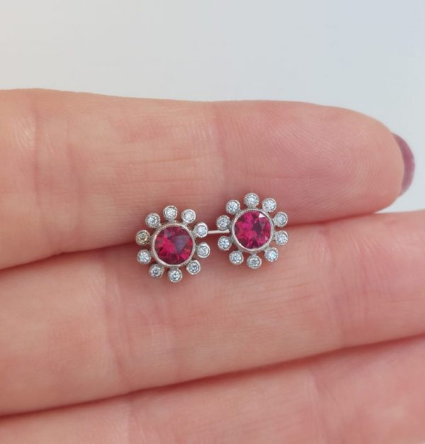 0.85ct Ruby and Diamond Millegrain Set Cluster Stud Earrings