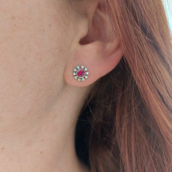 0.85ct Ruby and Diamond Millegrain Set Cluster Stud Earrings