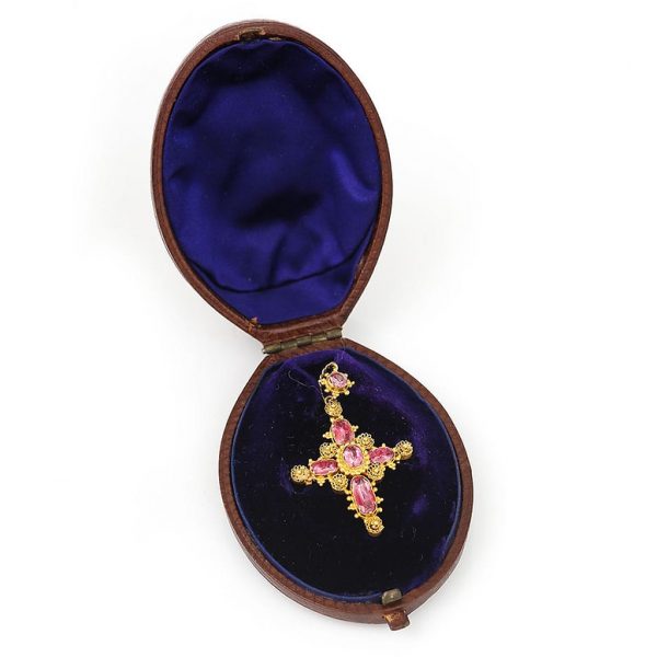 Antique Georgian Pink Topaz Cannetille Cross Pendant Brooch