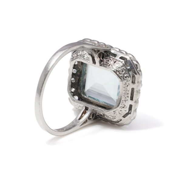 Antique aquamarine and old cut diamond cocktail ring platinum