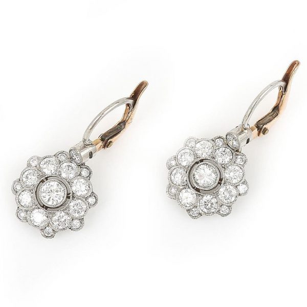 Vintage Antique Style 1.20ct Diamond Flower Cluster Drop Earrings