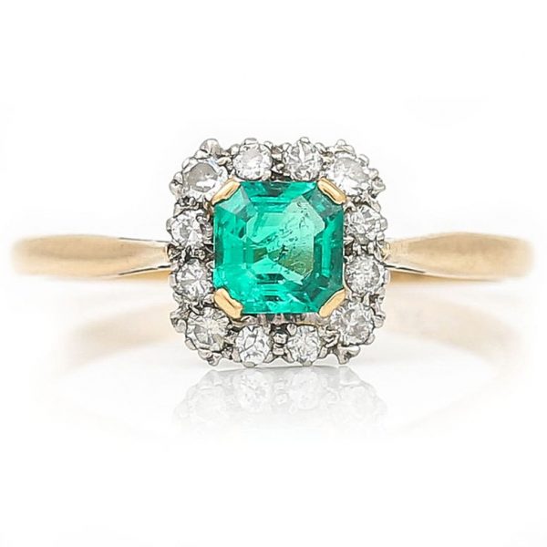 Vintage Octagonal Emerald and Diamond Cluster Ring