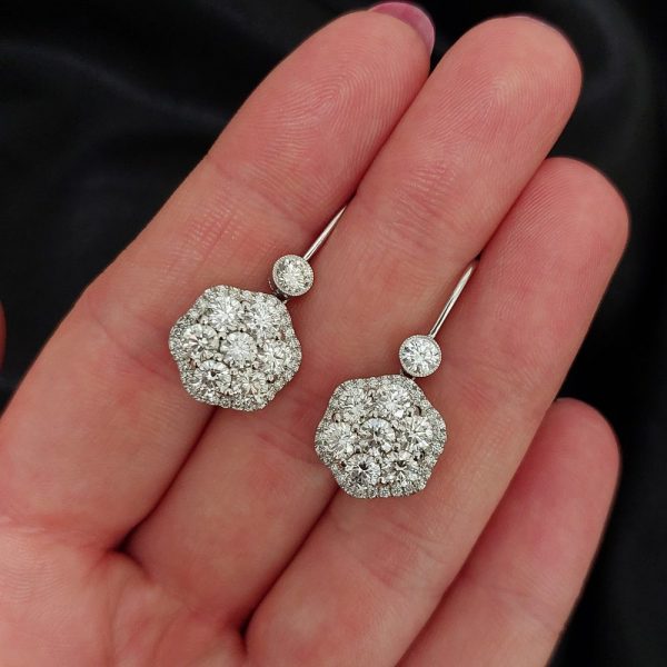 Platinum Diamond Cluster Drop Earrings 3.45 carats