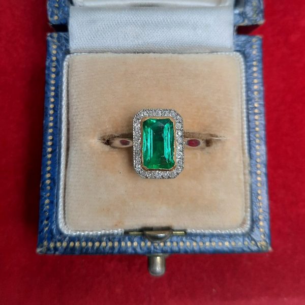 Art Deco 1ct Colombian Emerald and Diamond Halo Cluster Ring