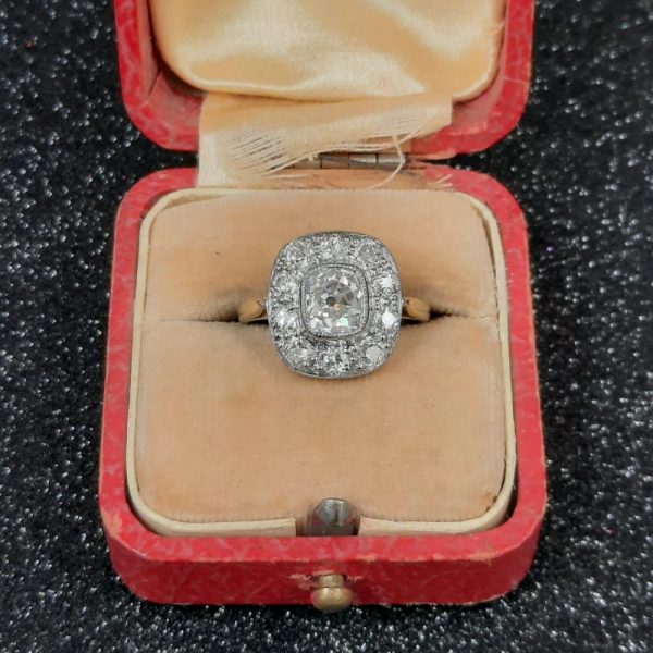 Antique 1ct Cushion Cut Diamond Cluster Engagement Ring 2 carat total