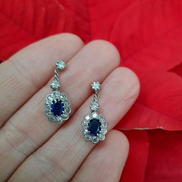 Antique 1ct Oval Sapphire and Diamond Cluster Drop Earrings