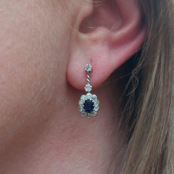Antique 1ct Sapphire and Diamond Oval Cluster Drop Earrings
