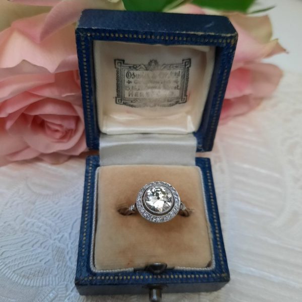 Platinum Old European Cut Diamond Halo Cluster Engagement Ring 1.50 carats