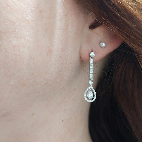 Vintage 1.85ct Diamond Cluster Long Drop Earrings
