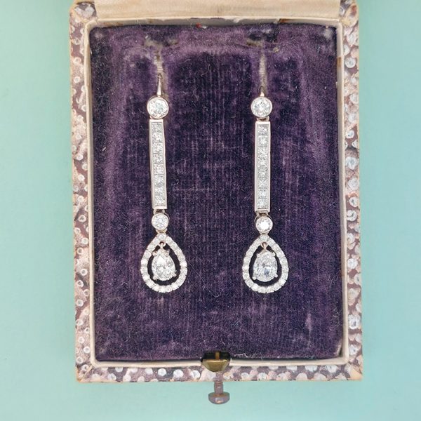 Vintage Diamond Long Drop Cluster Earrings, 1.85 carats