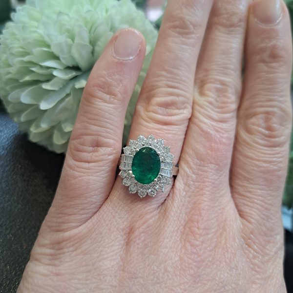 2.49ct Oval Emerald and Diamond Double Cluster Ring with Brilliant and Baguette Diamonds