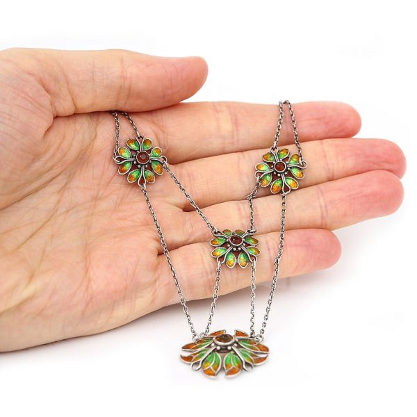 Arts and Crafts Citrine Enamel Floral Cluster Necklace by Liberty & Co