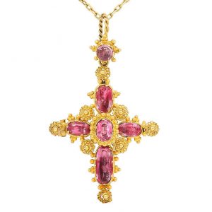 Antique Georgian Pink Topaz Cannetille Cross Pendant Brooch