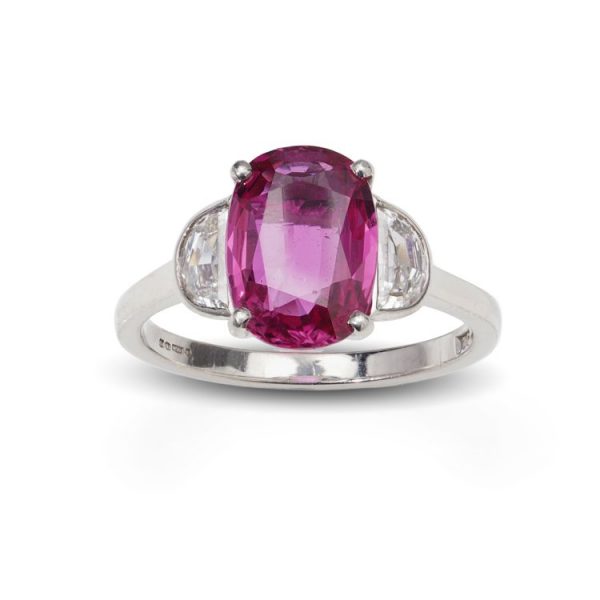 2.50ct Natural Ruby and Half Moon Diamond Three Stone Ring in Platinum