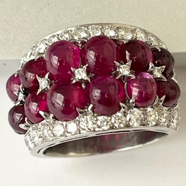 Vintage 1970s Bvlgari Cabochon Ruby and Diamond Dress Ring