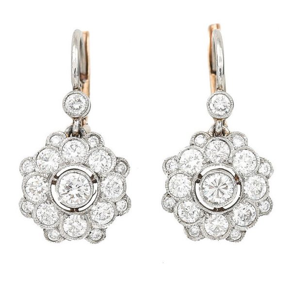 Vintage 1.20ct Diamond Floral Cluster Drop Earrings