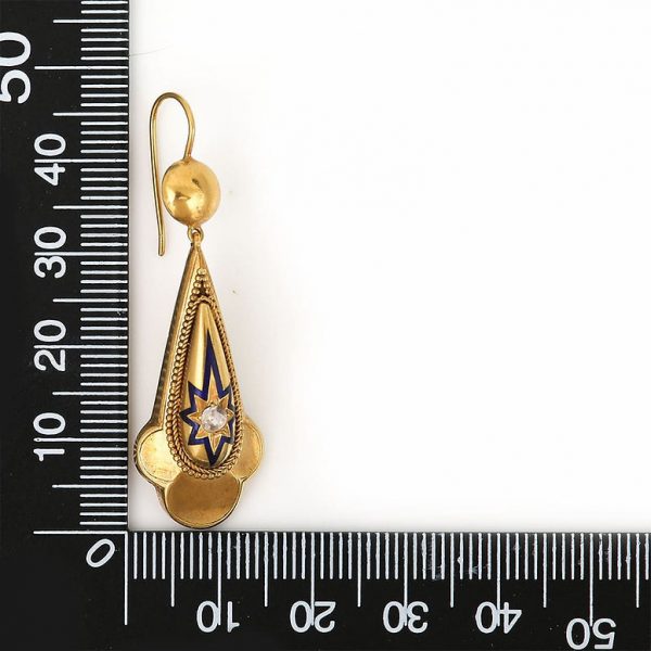 Victorian Antique Yellow Gold Diamond Blue Enamel Drop Earrings
