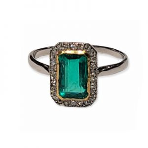 Art Deco 1ct Colombian Emerald and Diamond Plaque Cluster Ring