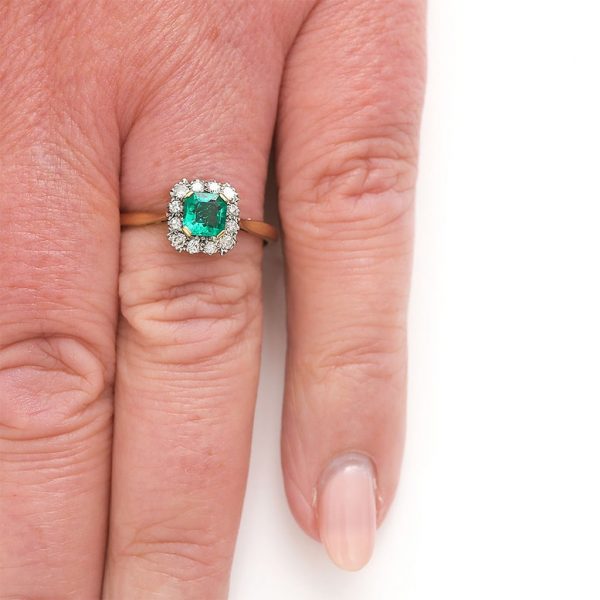 Vintage Octagonal Emerald and Diamond Cluster Ring