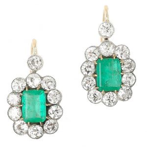 Art Deco 4ct Emerald and Diamond Cluster Drop Earrings