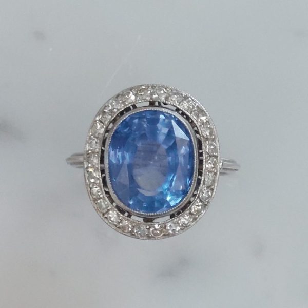 Art Deco vintage 6ct Ceylon Sapphire and Diamond Cluster Ring