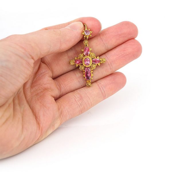 Antique Georgian Pink Topaz Cannetille Cross Pendant Brooch early 19th century