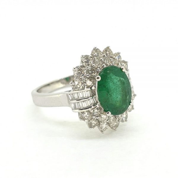 Oval Emerald and Diamond Double Cluster Ring 18ct White Gold