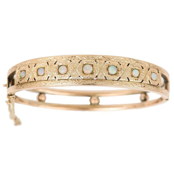 Edwardian Antique Opal and Engraved Gold Bangle Bracelet