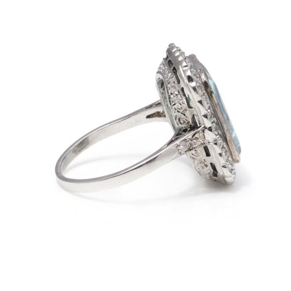 Antique aquamarine and old cut diamond cocktail ring platinum