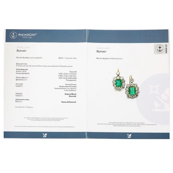 Art Deco French Certified 4ct Emerald and Diamond Earrings