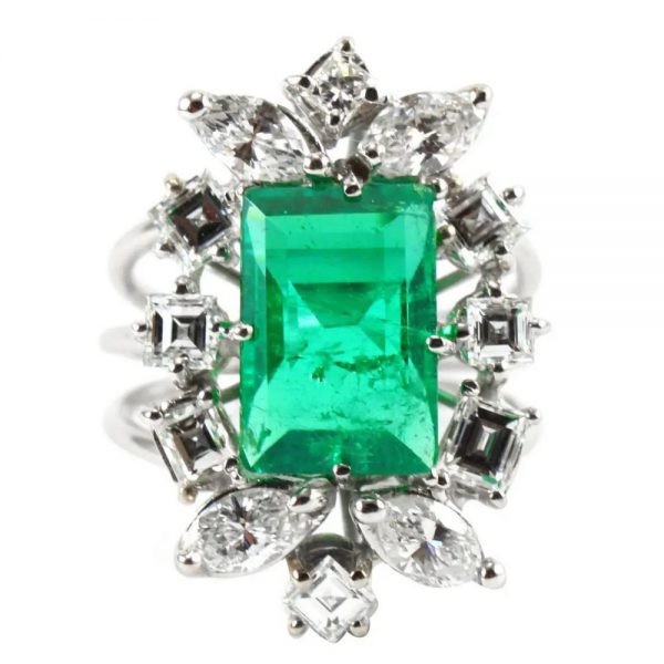 4ct Colombian Emerald, Marquise and Asscher Cut Diamond Cluster Ring
