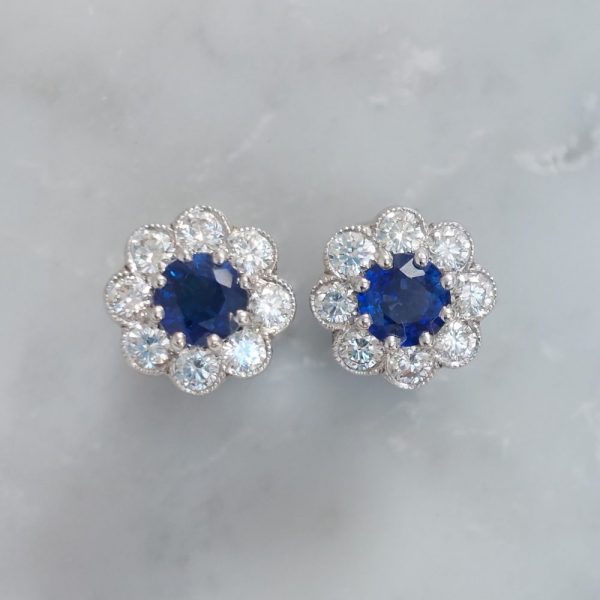 Antique Style 1.45ct Sapphire and Diamond Cluster Stud Earrings