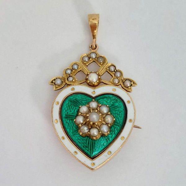 Antique Victorian Green Enamel and Pearl Heart Brooch Pendant