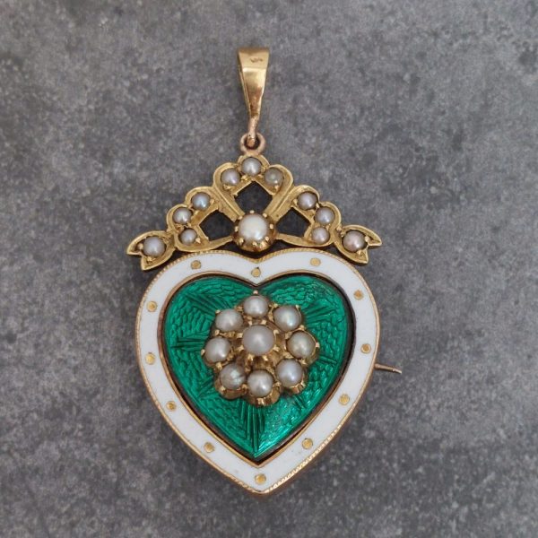 Antique Victorian Green Enamel and Pearl Heart Brooch Pendant