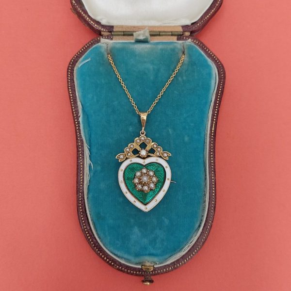 Antique Victorian Green Enamel and Pearl Heart Brooch Pendant