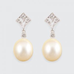 Art Deco Period Replica Diamond Set Pearl Drop Earrings