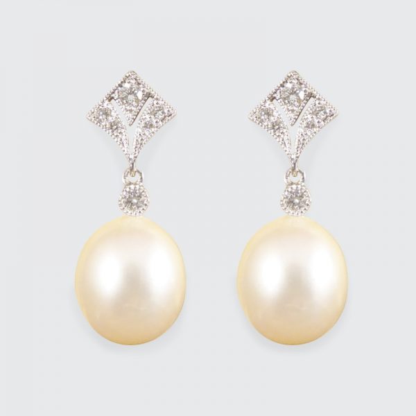 Art Deco Period Replica Diamond Set Pearl Drop Earrings